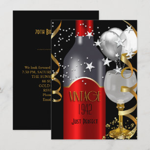 Invitación Vintage 70th Birthday Red Wine Black Gold Silver