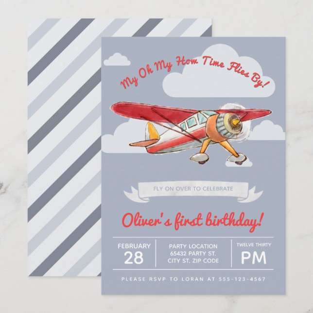 Invitación Vintage Airplane Birday (Anverso / Reverso)