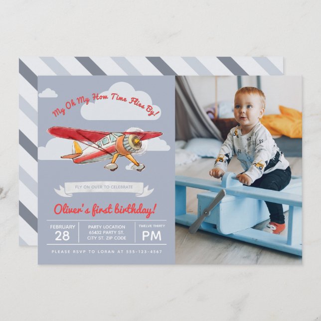 Invitación Vintage Airplane Birthday, Foto (Anverso / Reverso)