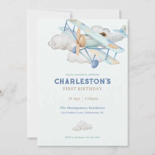 Invitación Vintage Airplane Blue Birday Party (Anverso)