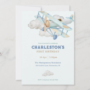 Invitación Vintage Airplane Blue Birday Party