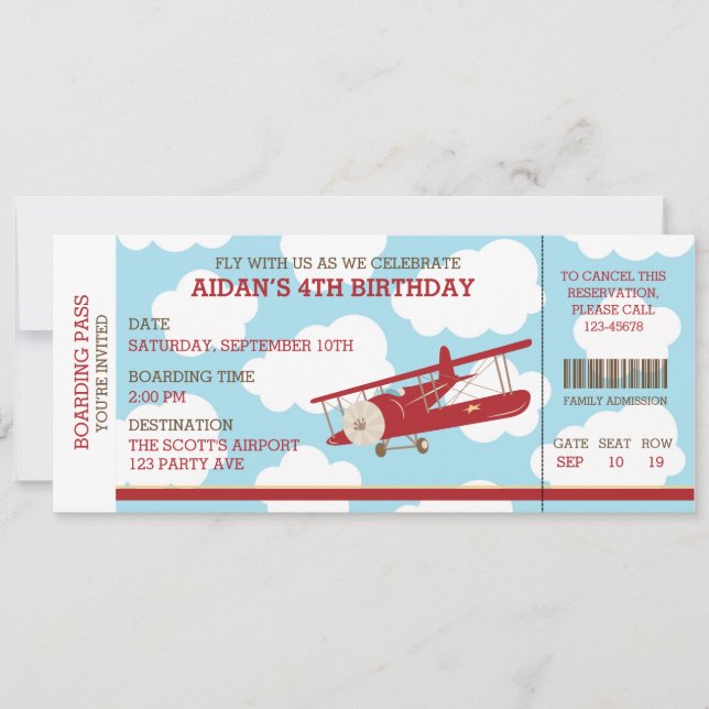 Invitación Vintage Airplane Boarding Pass Ticket Cumpleaños (Anverso)