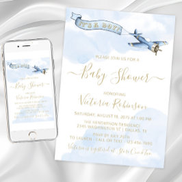 Invitación Vintage Airplane Boy Blue Gold Baby Shower