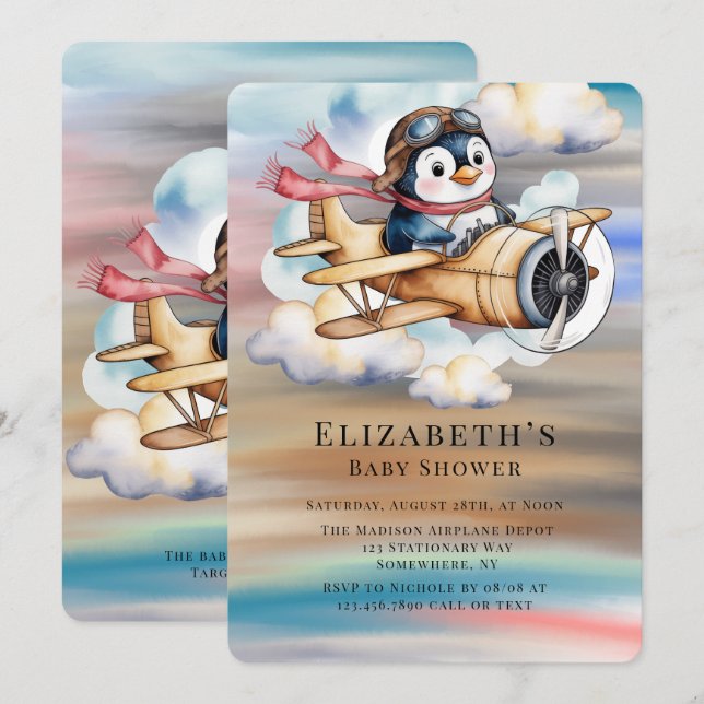 Invitación Vintage Airplane Penguin Boy Baby Shower  (Anverso / Reverso)