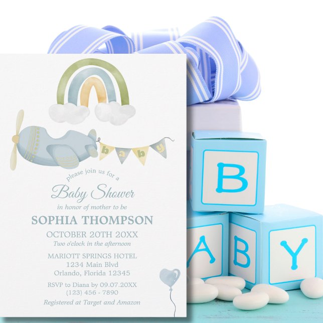 Invitación Vintage Airplane Rainbow Clouds Boy Baby Shower (Subido por el creador)