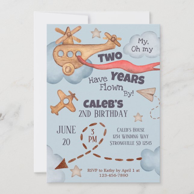 Invitación Vintage Airplane Time Flies Blue Birday (Anverso)
