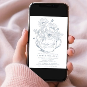 Invitación Vintage Algo Azul Bridal Tea QR Ducha Bridal