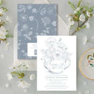 Invitación Vintage Algo Azul Bridal Tea QR Ducha Bridal
