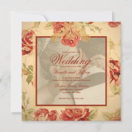 Invitación Vintage amarillo rústico rojo rosa de la boda de l