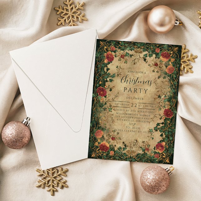 Invitación Vintage Amaryllis Holly Christmas (Subido por el creador)