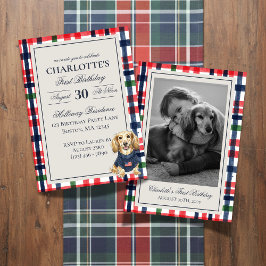 Invitación Vintage Americana Plaid Dachshund Primer cumpleaño