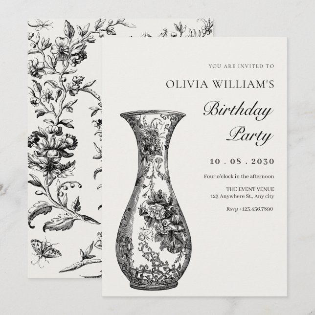 Invitación Vintage antigüedades cumpleaños (Anverso / Reverso)