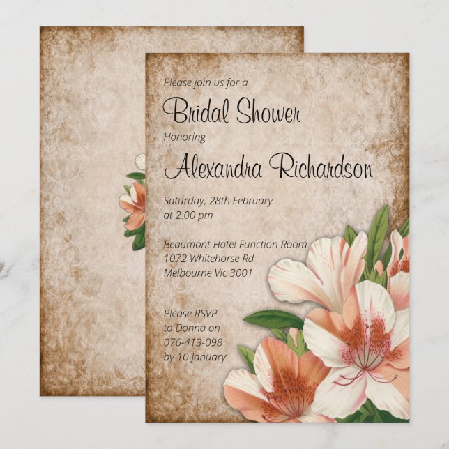 Invitación Vintage Apricot Lilies Bridal Shower (Anverso / Reverso)