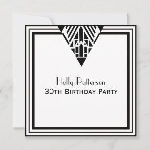 Invitación Vintage Art Deco Marco Blanco Negro #1 Cumpleaños 