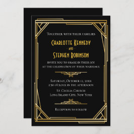 Invitación Vintage Art Deco Negro y Oro Gran Gatsby Boda