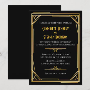 Invitación Vintage Art Deco Negro y Oro Gran Gatsby Boda