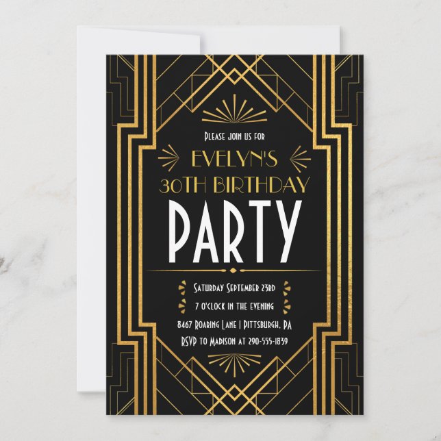 Invitación Vintage Art Deco Roaring Años 20 Cumpleaños (Anverso)