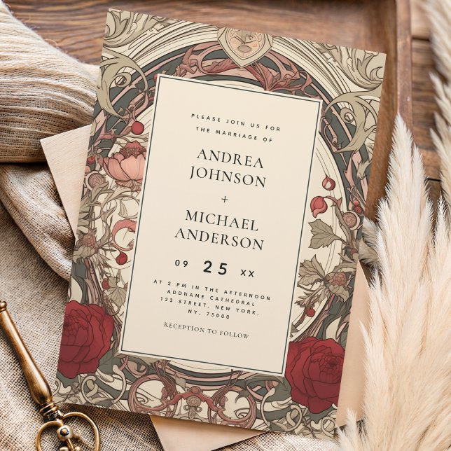 Invitación Vintage Art Nouveau Floral Burgundy Boda (Subido por el creador)