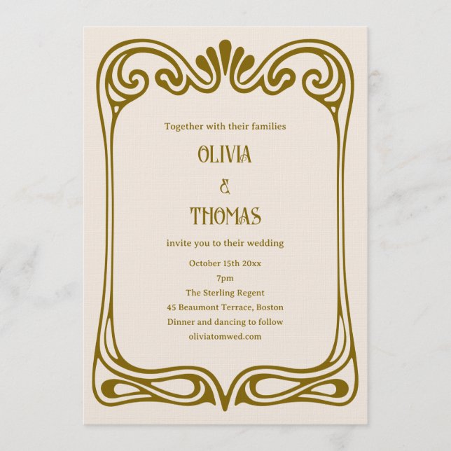 Invitación Vintage Art Nouveau Wedding Elegant Gold Brown (Anverso)