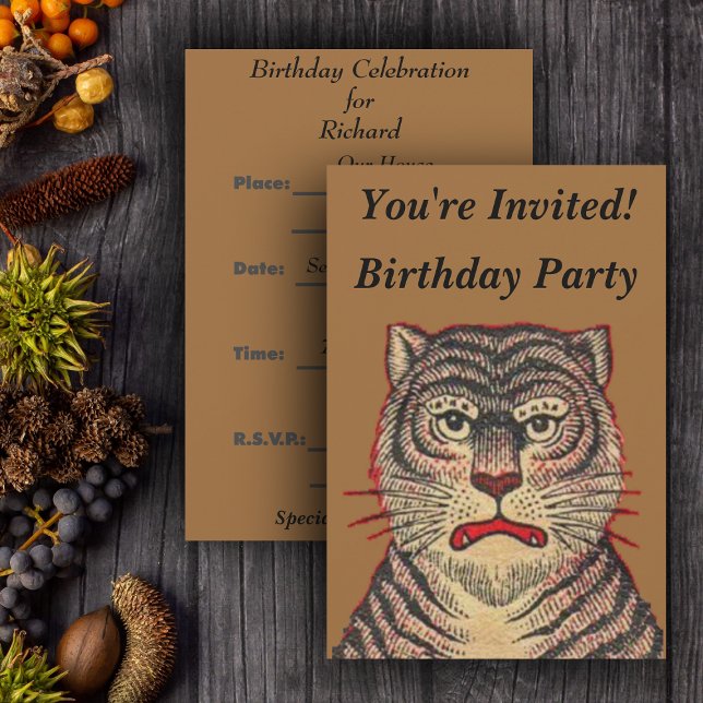 Invitación Vintage Asian Tiger Birday (Head of Asian striped tiger fierce face on brown Birthday party invitations.)