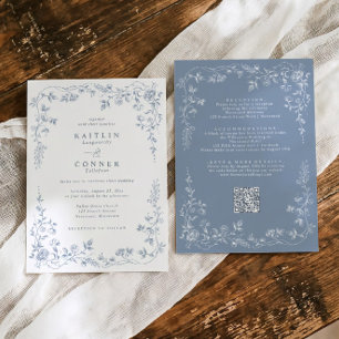 Invitación Vintage Azul Polvoriento Floral Francés Boda