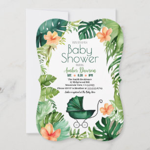 Invitación Vintage Baby Carriage Tropical Foliage Baby Shower
