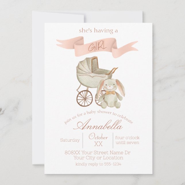 Invitación Vintage Baby Carriage y Bunny Baby Girl (Anverso)