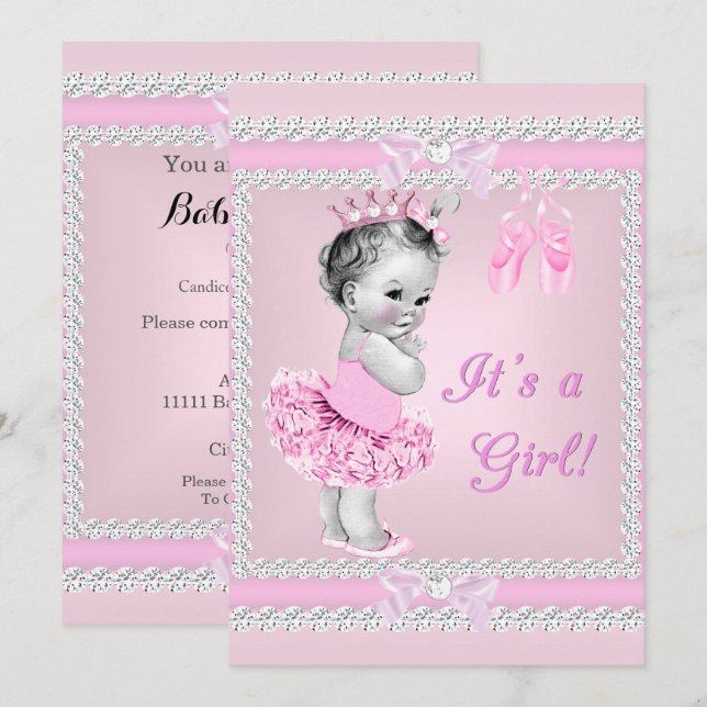 Invitación Vintage Baby Shower Chica Bonito Pink Ballerina (Anverso / Reverso)
