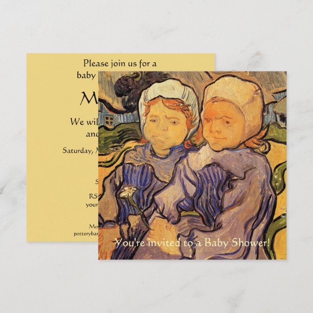 Invitación Vintage Baby Shower, Van Gogh, Dos Niños (Anverso / Reverso)