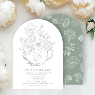 Invitación Vintage Baby Tea Fiesta Ducha Floral Sage Green