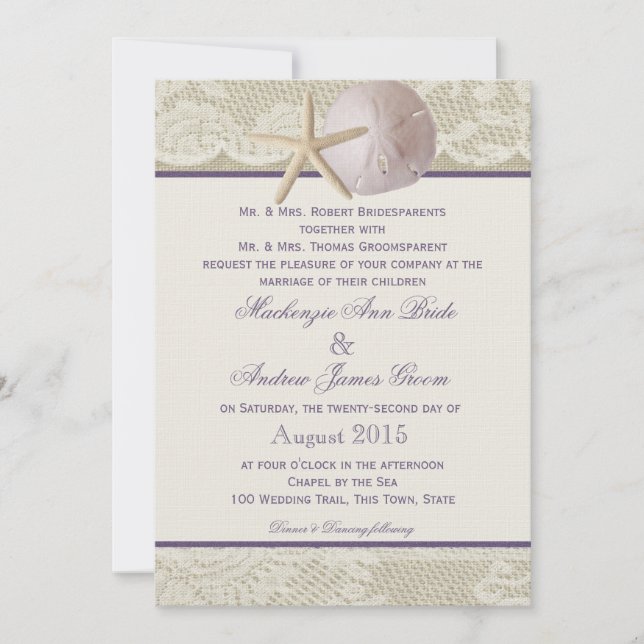 Invitación Vintage Beach Ivory Purple (Anverso)