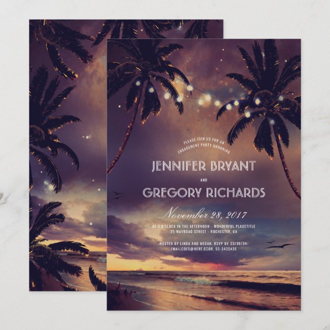 Invitación Vintage Beach Sunset Palm Lights (Anverso / Reverso)
