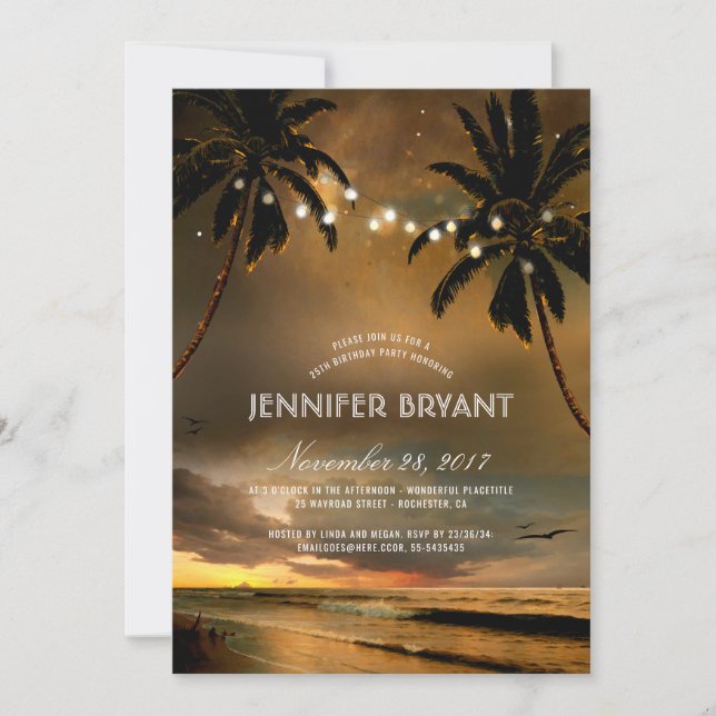 Invitación Vintage Beach Sunset Palm Lights (Anverso)
