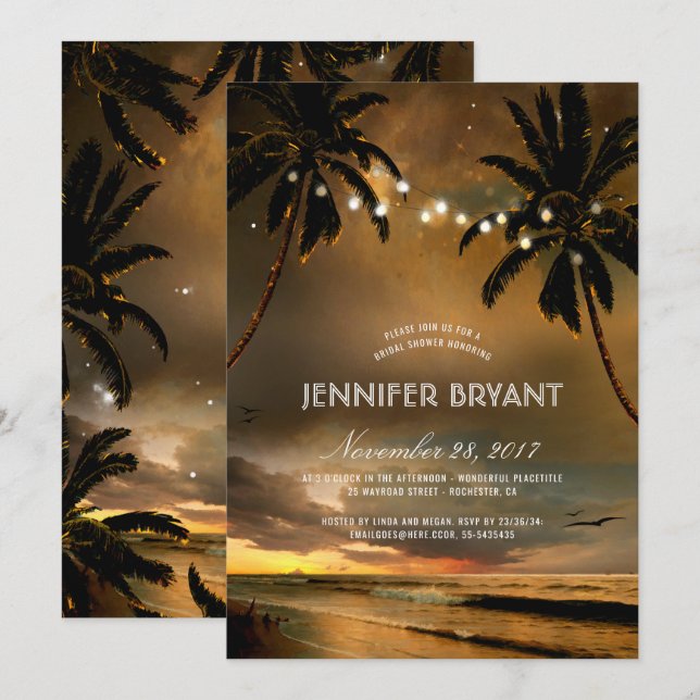 Invitación Vintage Beach Sunset Palm Luces Británicas Shower (Anverso / Reverso)