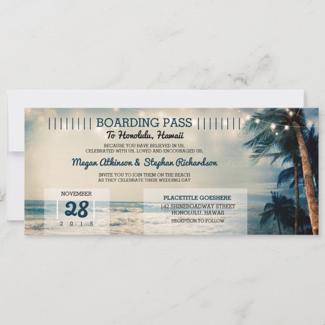 Invitación Vintage Beach Wedding Embarque Boda de pases (Anverso)