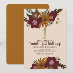 Invitación Vintage Bee Sunflower Floral Primer cumpleaños