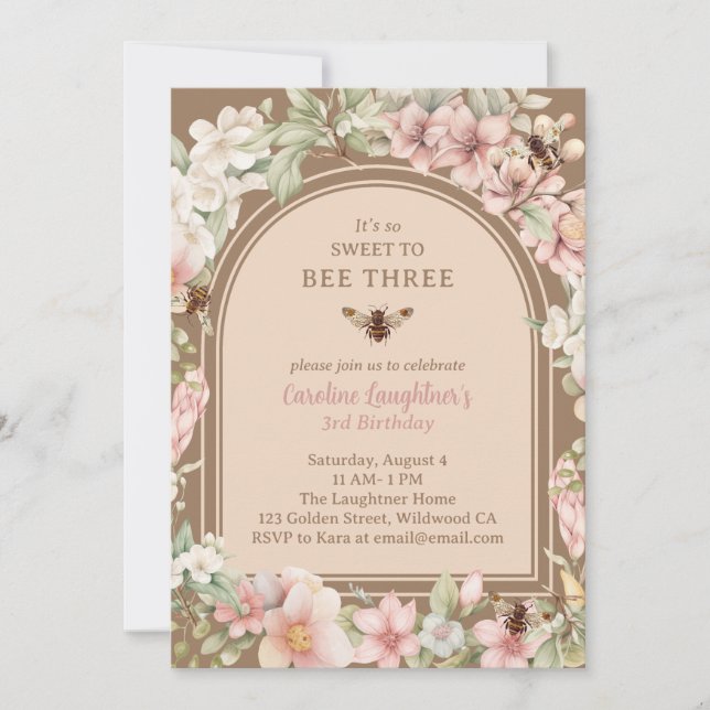 Invitación Vintage Bee Wildflower Tercer cumpleaños (Anverso)