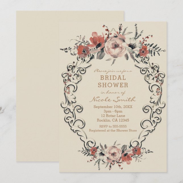 Invitación Vintage Beige Botanical Floral Bridal Shower (Anverso / Reverso)