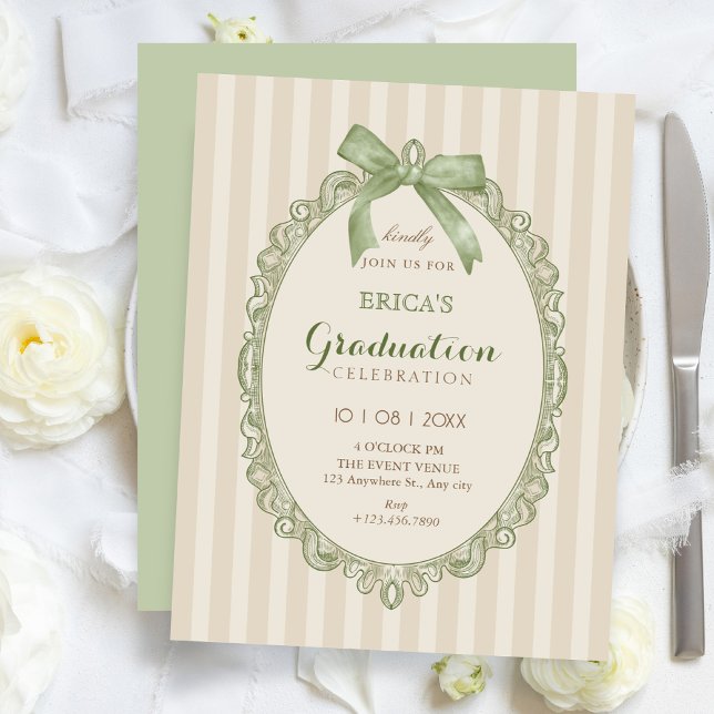 Invitación Vintage beige green elegant sweet bow graduation (Subido por el creador)