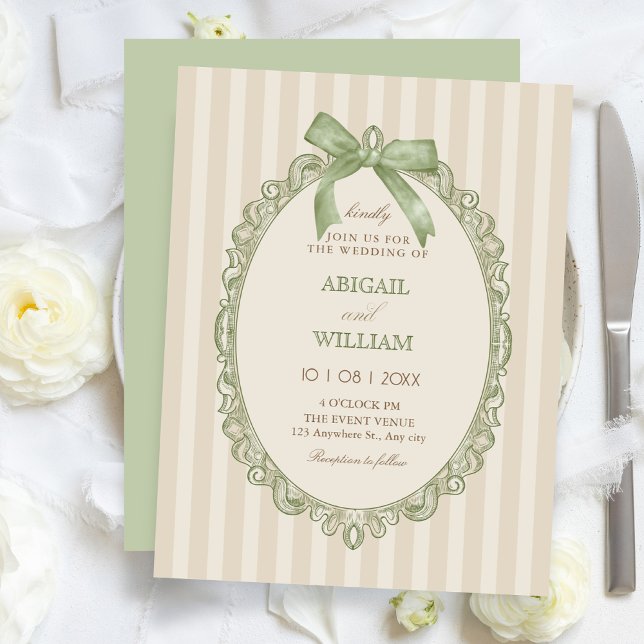 Invitación Vintage beige green elegant sweet bow wedding  (Subido por el creador)