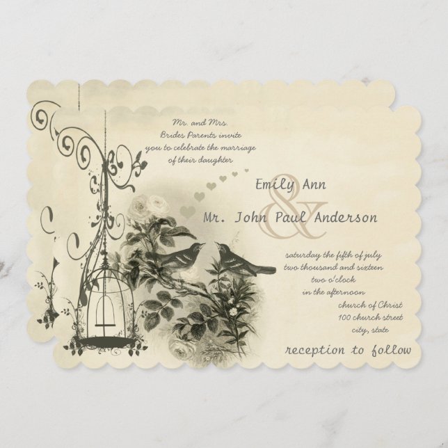 Invitación Vintage Bird Cage Love Bird Bodas (Anverso / Reverso)