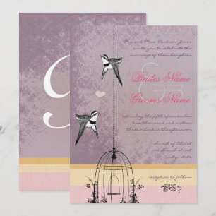Invitación Vintage Bird Cage Purple Gold Pink Boda