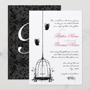 Invitación Vintage Bird Cage Red Accents Damask Wedding