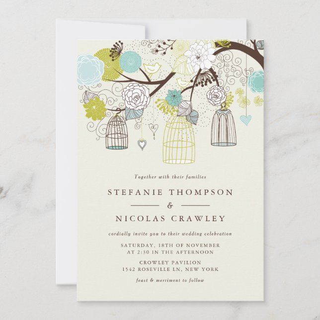 INVITACIÓN VINTAGE BIRDCAGES FLORAL SPRING WEDDING INVITATION (Anverso)