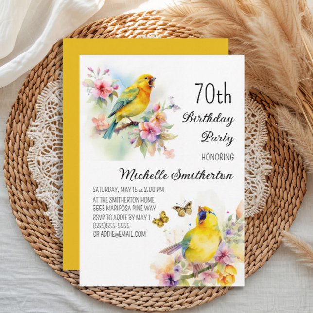 Invitación Vintage Birds Canaries Flowers 70th Cumpleaños (Yellow canary women's 70th birthday party invitation)