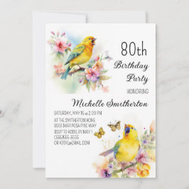 Invitación Vintage Birds Canaries Flowers 80th Cumpleaños