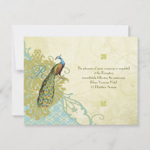 Invitación Vintage Birds Lagoon Endive Damask Recepción
