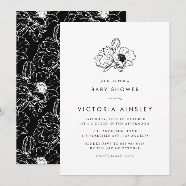 Invitación Vintage Black Anemone Floral Baby Shower (Anverso / Reverso)