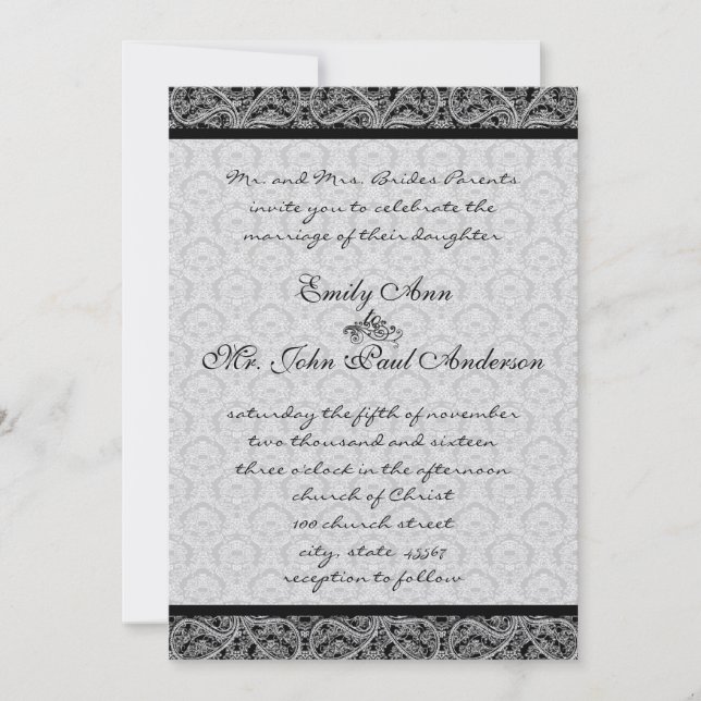 Invitación Vintage Black Damask Wedding Invitation (Anverso)
