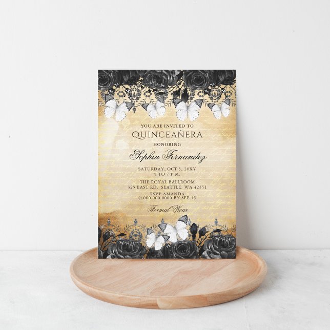 Invitación Vintage Black Floral Butterfly Quinceañera (Vintage Black Floral Butterfly Quinceañera Invitation )